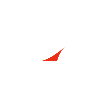 Icon of a racing motorcycle in white outline with a red accent